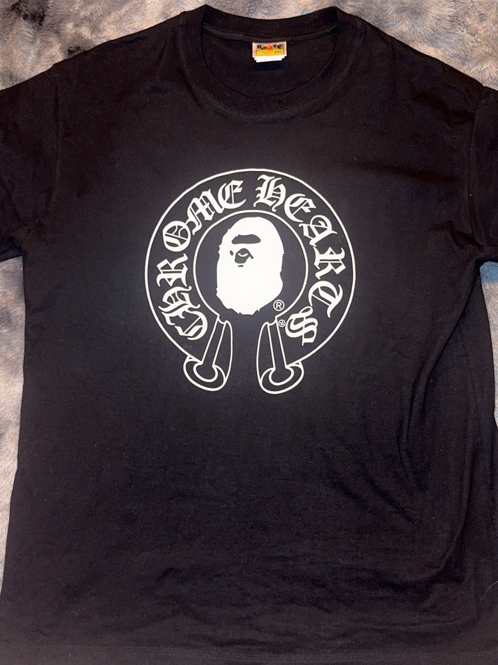 Bape-Chrome hearts Black Short-Sleeve Tee with White Ape Circle Graphic